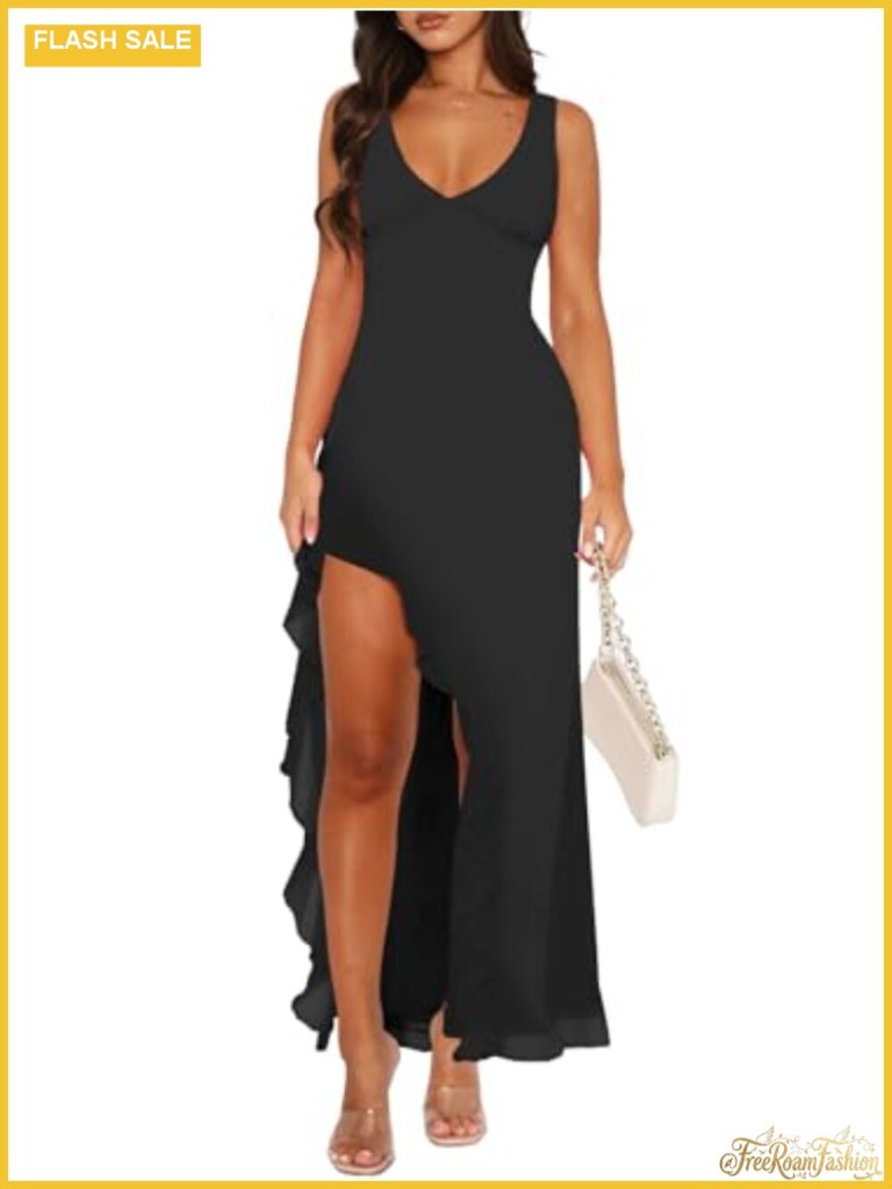 Women's Mesh Bodycon Maxi Dress Deep V-Neck Sleeveless Ruffle Split Hem